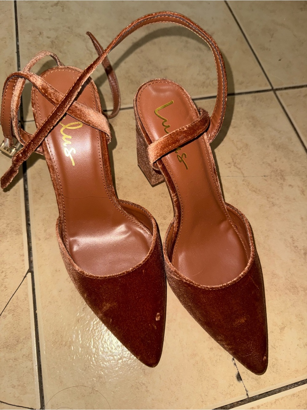 Lulu's Copper Brown Velvet Pointed Block Heel Sandals